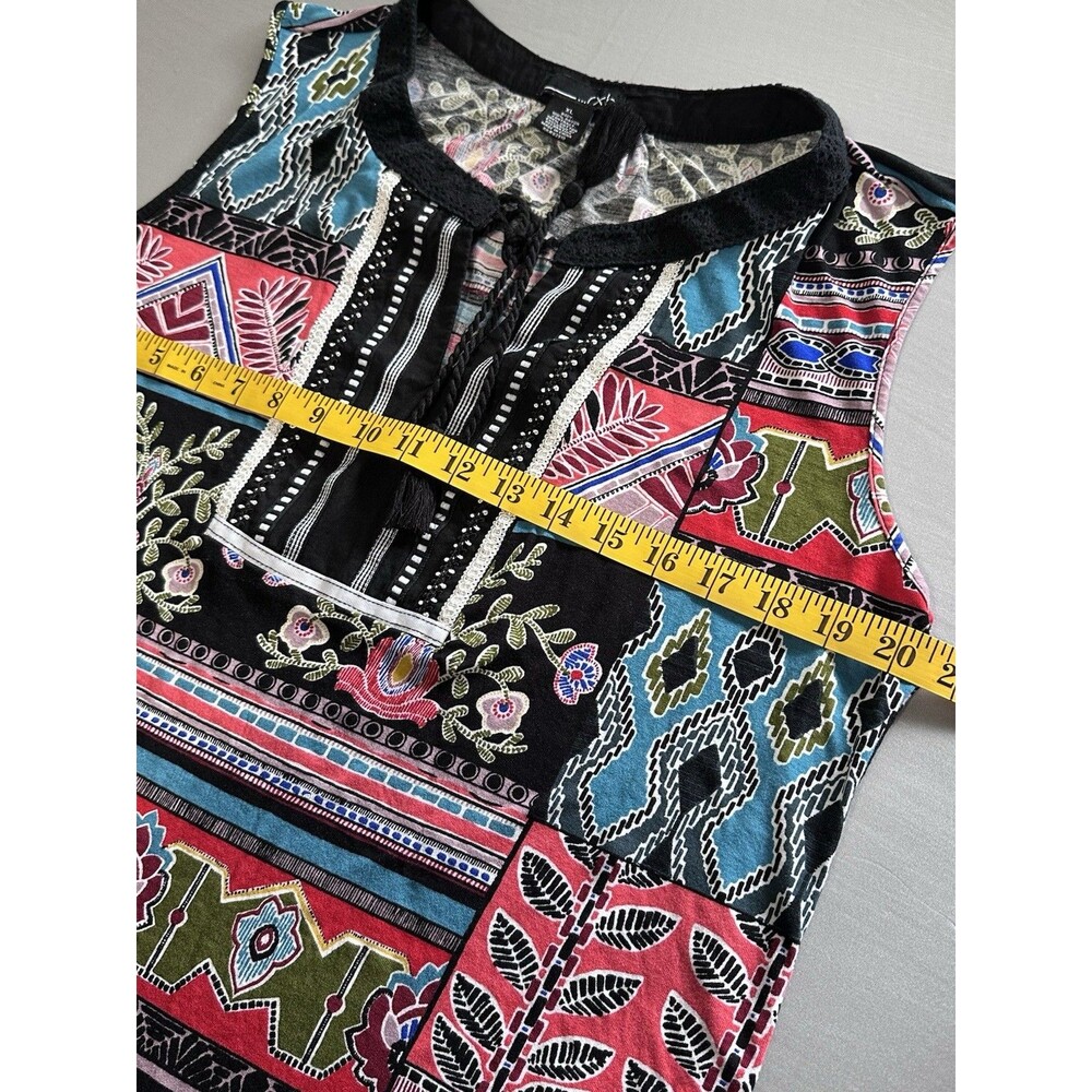 Womens RXB Black Lead Plant Sleeveless Split Neck Tunic Shirt Blouse Size XL - Picture 3 of 6